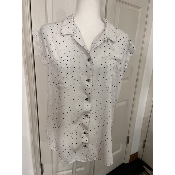 JACHS Girlfriend Women's Quinn Cap Sleeve Button Down Blouse (White/Blk, Size L - Picture 2 of 7